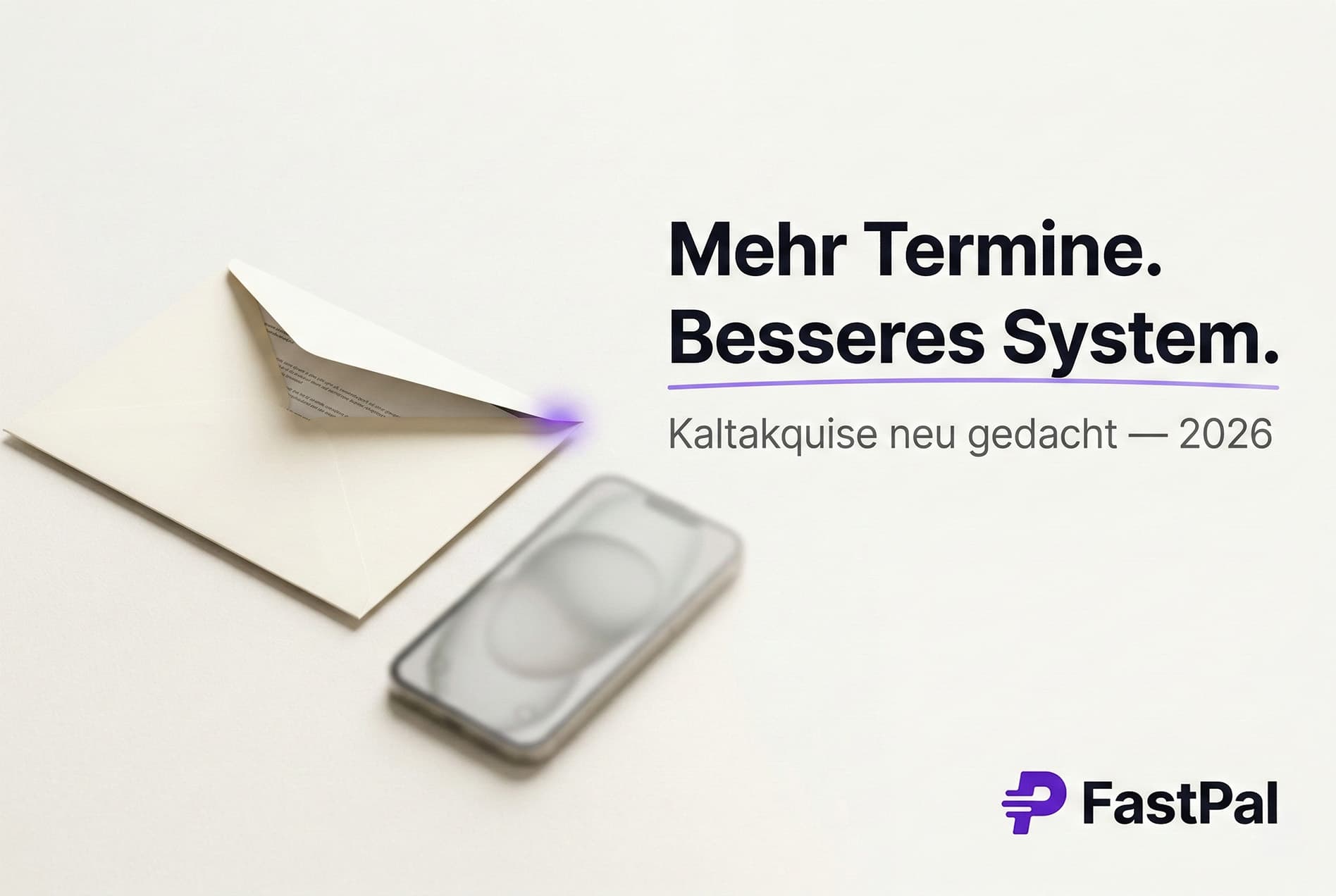 Minimalistisches Blog-Bild mit dem Text 'Mehr Termine. Besseres System.' und dem FastPal-Logo auf einem hellen Schreibtisch mit Brief und Smartphone.